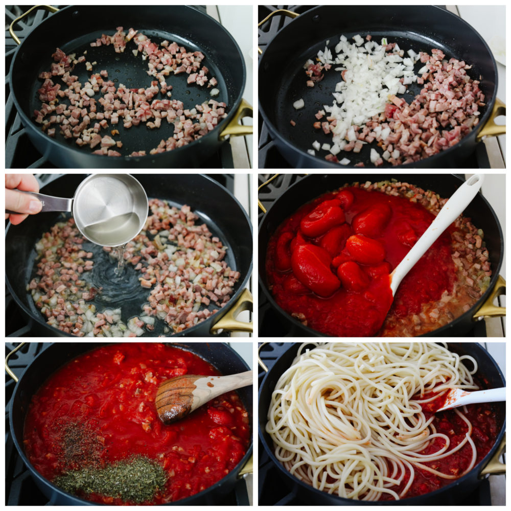 This classic bucatini all'Amatriciana is packed to the brim with flavor from spices and herbs! If you are looking for a recipe to impress your guests, then look no more. This is the one!ย 6 pictures showing how to cook up the sauce and add the noodles.