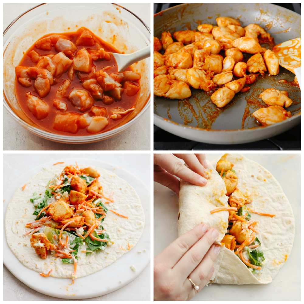 These honey buffalo chicken wraps are so healthy and delicious! They're loaded with a sweet buffalo sauce, ranch, bleu cheese, and all of your favorite veggies for a lunch you'll love! Process shots of marinating chicken, cooking on skillet, and adding to tortilla along with ranch, cheese, and veggies.