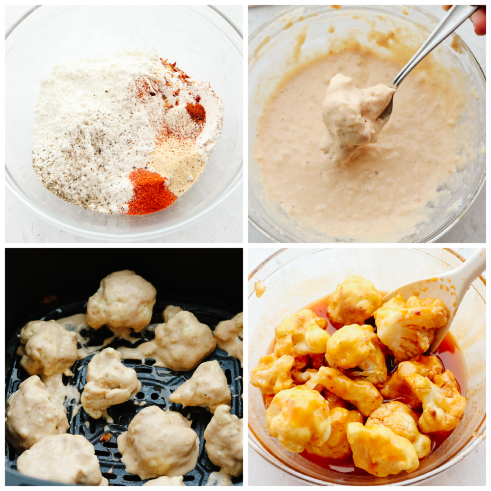 This low-carb take on wings is going to rock your world! Draped in a sticky-sweet honey buffalo sauce, these easy air fryer cauliflower wings are absolutely to die for! Process shots of preparing batter and sauce for air fryer cauliflower wings.