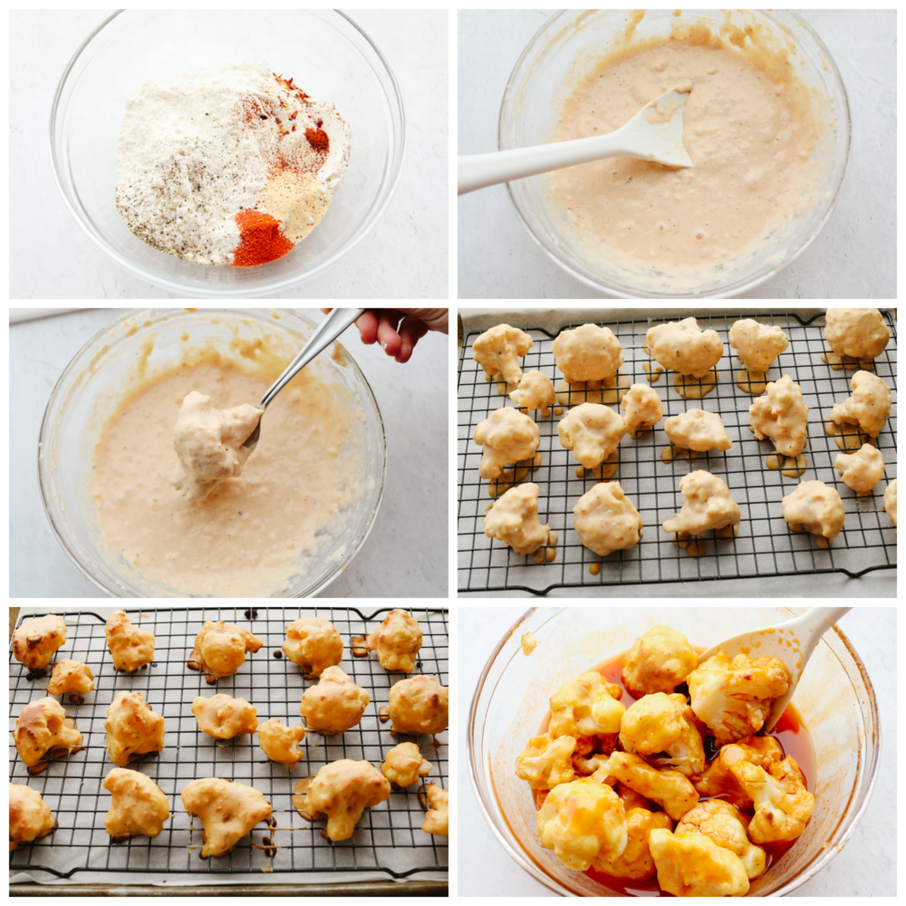 This healthier take on wings is insanely delicious! Coated in a delicious honey buffalo sauce, these cauliflower wings are so good that you will forget that you are even eating a vegetable! 6 pictures showing how to make the batter, dip the cauliflower and then coat the baked cauliflower in the sauce.