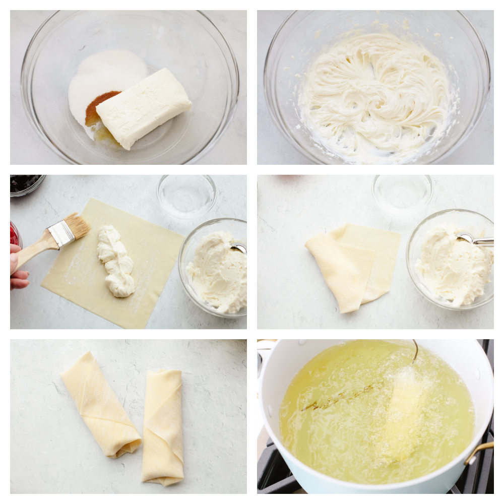Crispy on the outside with a creamy, strawberry filling on the inside, these cheesecake egg rolls are the BEST. Your guests will eat one and won't be able to stop! 6 pictures showing how to make the filling, put it in an egg roll wrapper and place it in oil to cook.