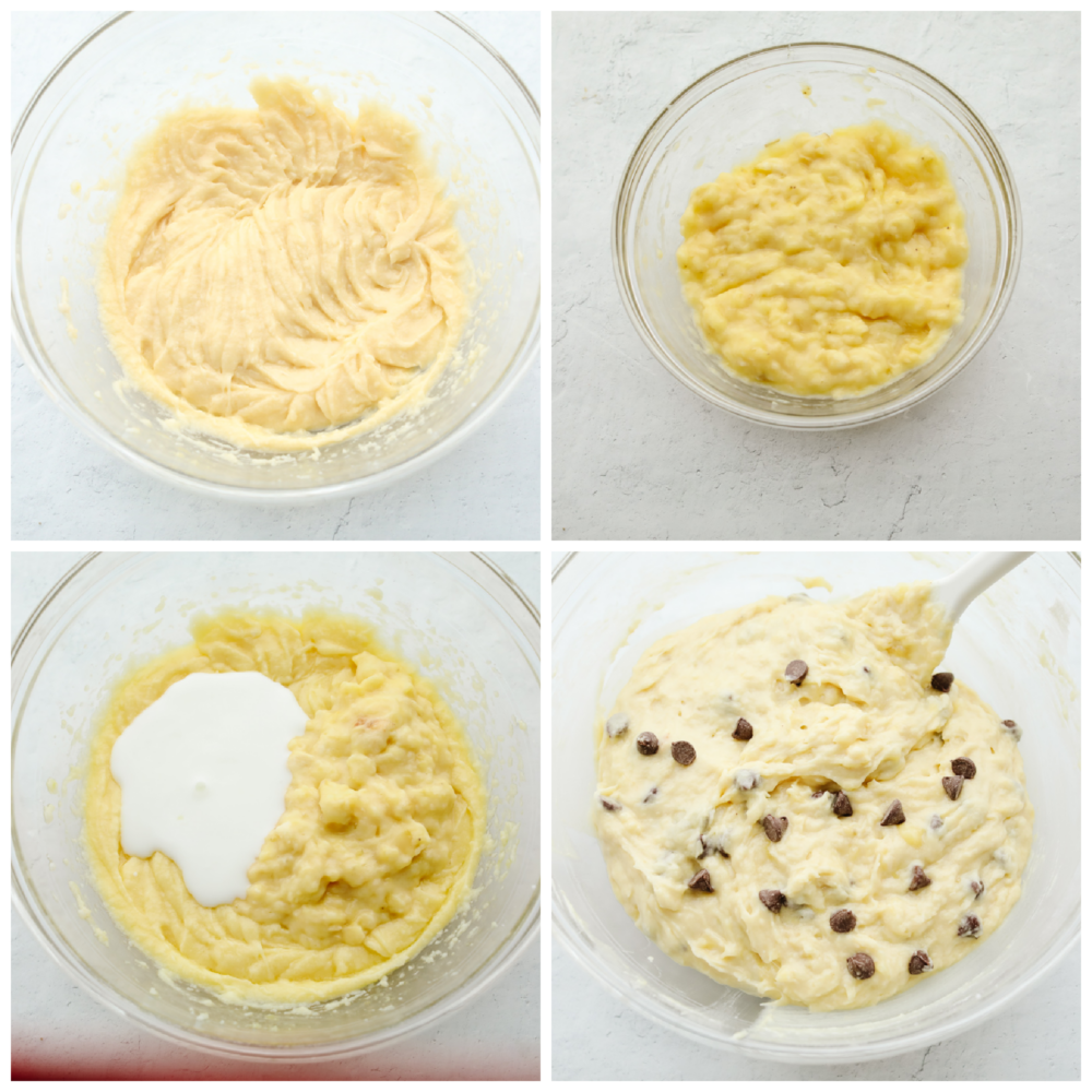 This chocolate chip banana bread takes a family favorite and brings it to the next level! It's moist and packed with flavor. I bet that you won't be able to stop at just one slice! 4 pictures showing how to make chocolate chip banana bread batter.