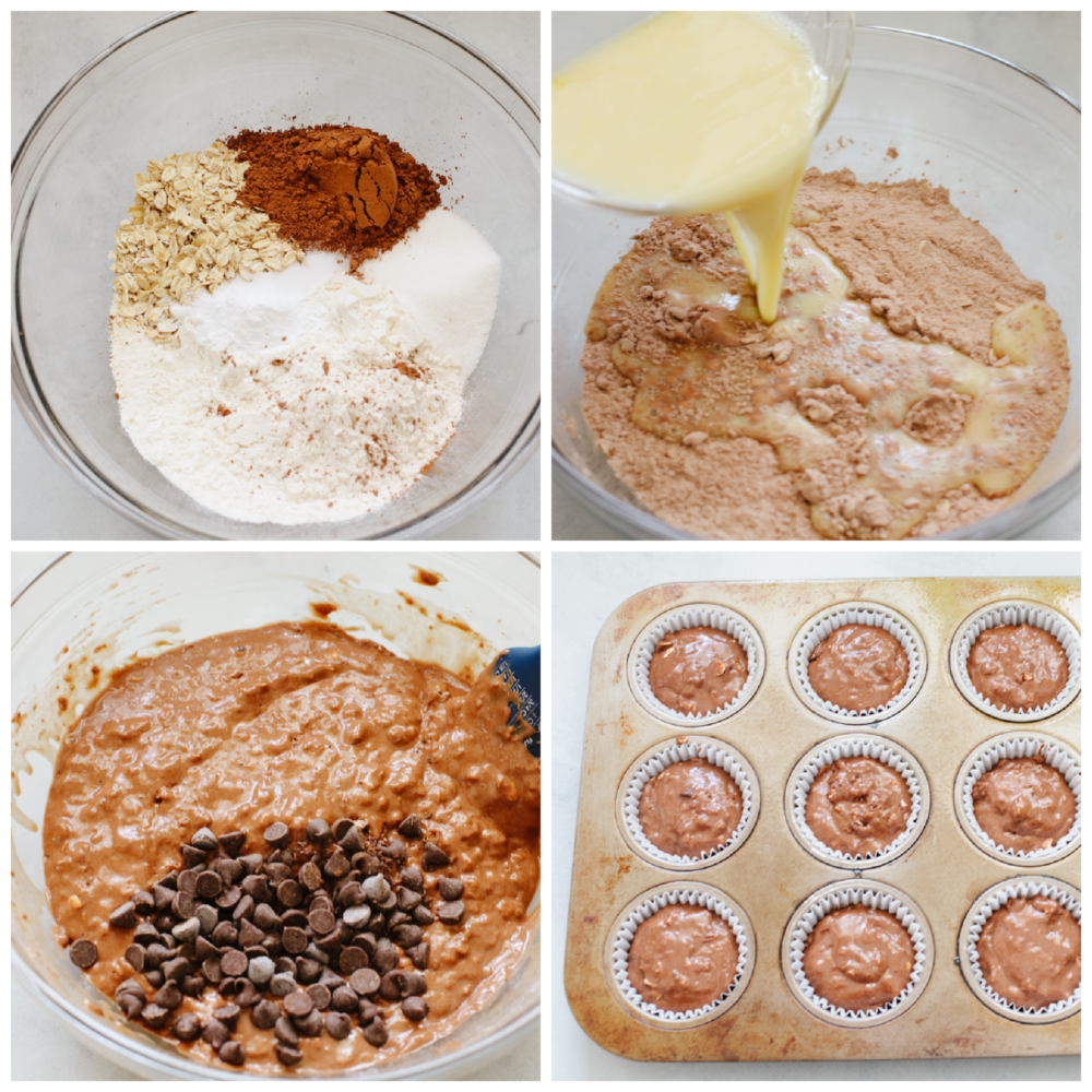 These double chocolate muffins are a healthier choice than some others you may find out there! They are still packed with delicious ingredients, and the chocolate flavor will blow you away. 4 pictures showing how to mix ingredients to make chocolate muffin batter.