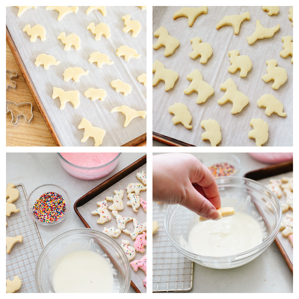 Forget buying these at the store... These circus animal cookies are way better when you make them at home! They are so delicious and bite-sized that they make the perfect treat for anyone, young and old! 4 pictures showing the dogh cut into circus animals and then cooked and dipped into the frosting and sprinkles.
