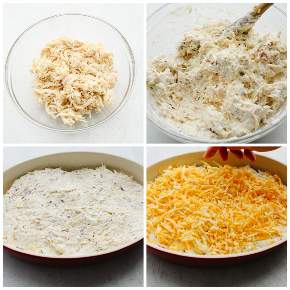 You won't find a better dip out there than this crack chicken dip! It's cheesy and packed with chicken, and bacon and seasoned to perfection. It will be the best appetizer dip that you've ever had! 4 pictures showing how to mix shredded chicken with all of the other ingredients and then sprinkled on top with cheese.