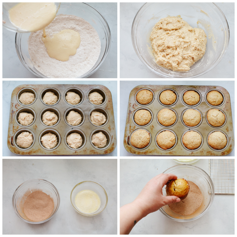 Donut muffins are soft and fluffy, with a cinnamon-sugar flavored goodness that melts in your mouth! They are delicious enough for anyone to want to devour them the moment that you put them on the table! 6 pictures showing how to make the batter, cook it, and then dip the cooked muffin in the cinnamon-sugar topping.