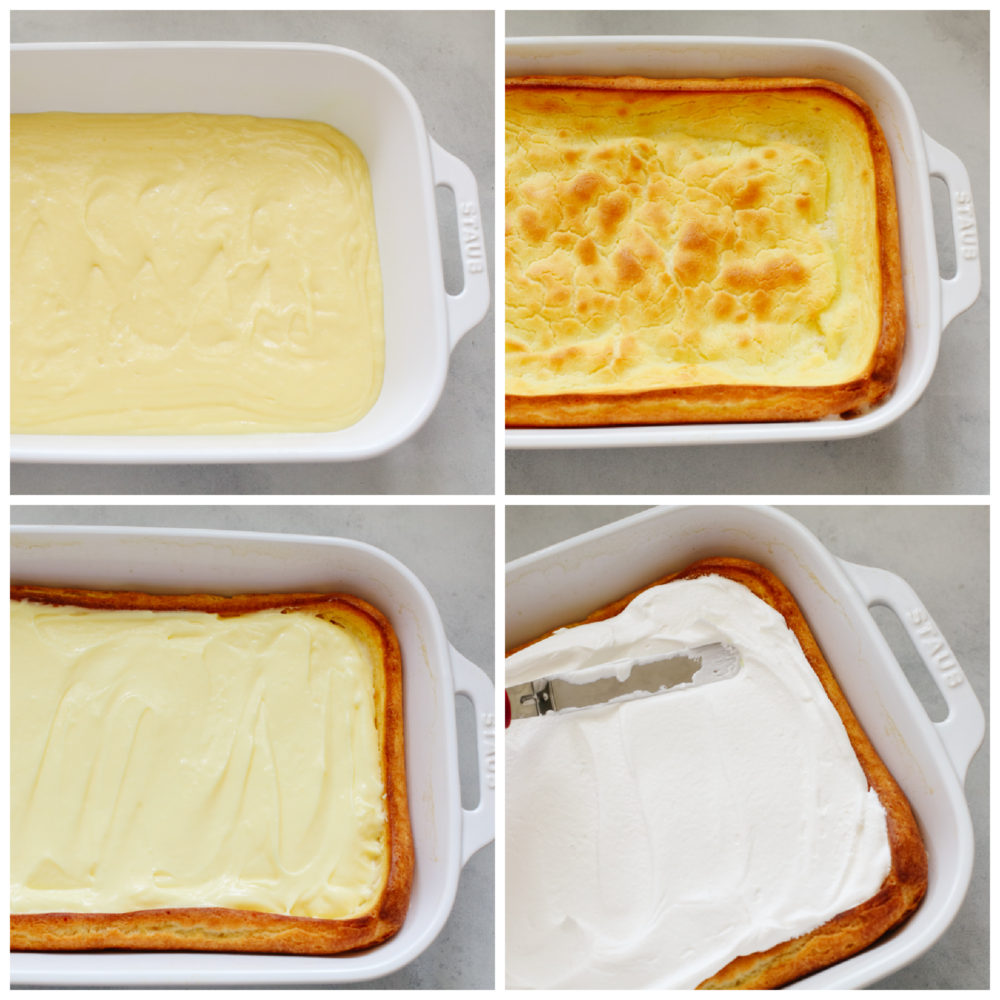 Eclair cake is moist and sweet, made with vanilla filling, a buttery crust, and whipped cream topping. There are so many toppings to choose from and you will be amazed at how insanely soft and delicious this cake is! Adding layers to eclair cake.