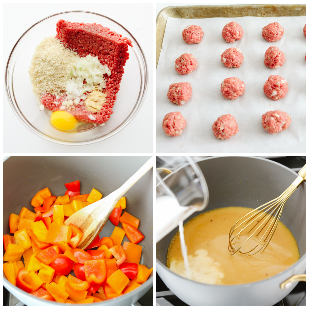 Hawaiian meatballs are the PERFECT main course for your dinner! You don't want to miss out on these! They are drenched in the most delicious sauce and packed with flavor. 4 pictures showing how to make and form meatballs, cook peppers in oil and make a sauce.