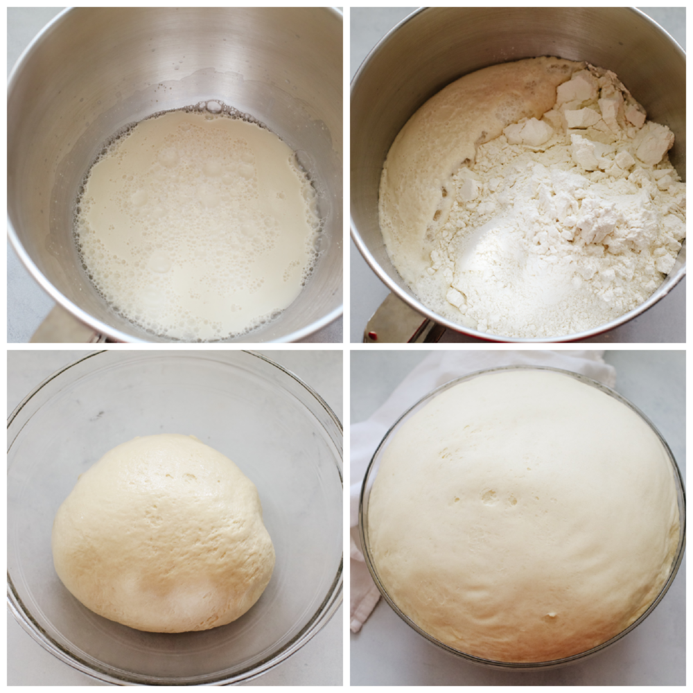 Homemade bread bowls are a simple and delicious way to take all of your soups to the next level! These bread bowls are perfectly crisp on the outside and soft and airy on the inside. 4 pictures showing how to proof the yeast and make to dough and let it rise.