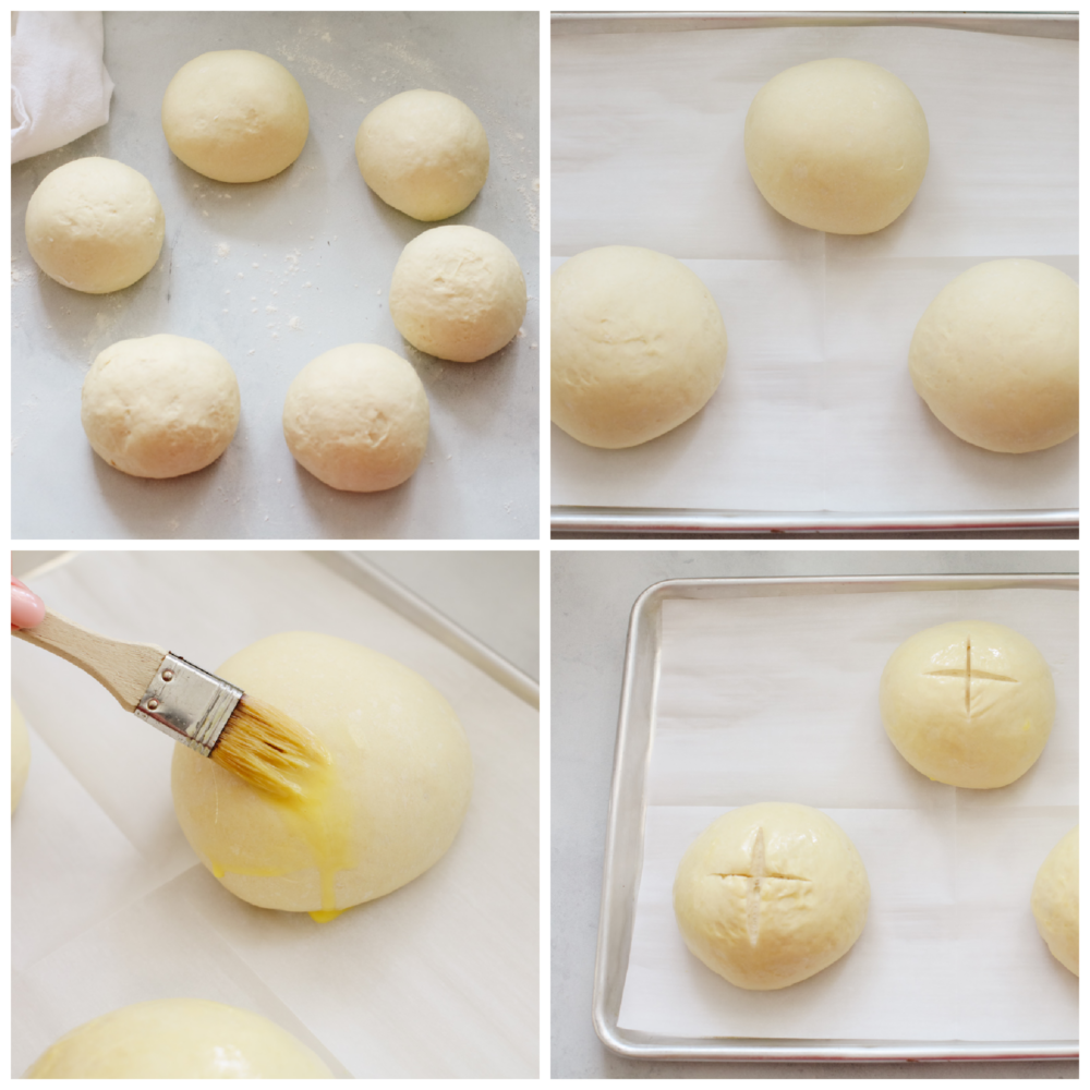 Homemade bread bowls are a simple and delicious way to take all of your soups to the next level! These bread bowls are perfectly crisp on the outside and soft and airy on the inside. 4 pictures showing how to form dough balls, add an egg wash and prepare them for baking.