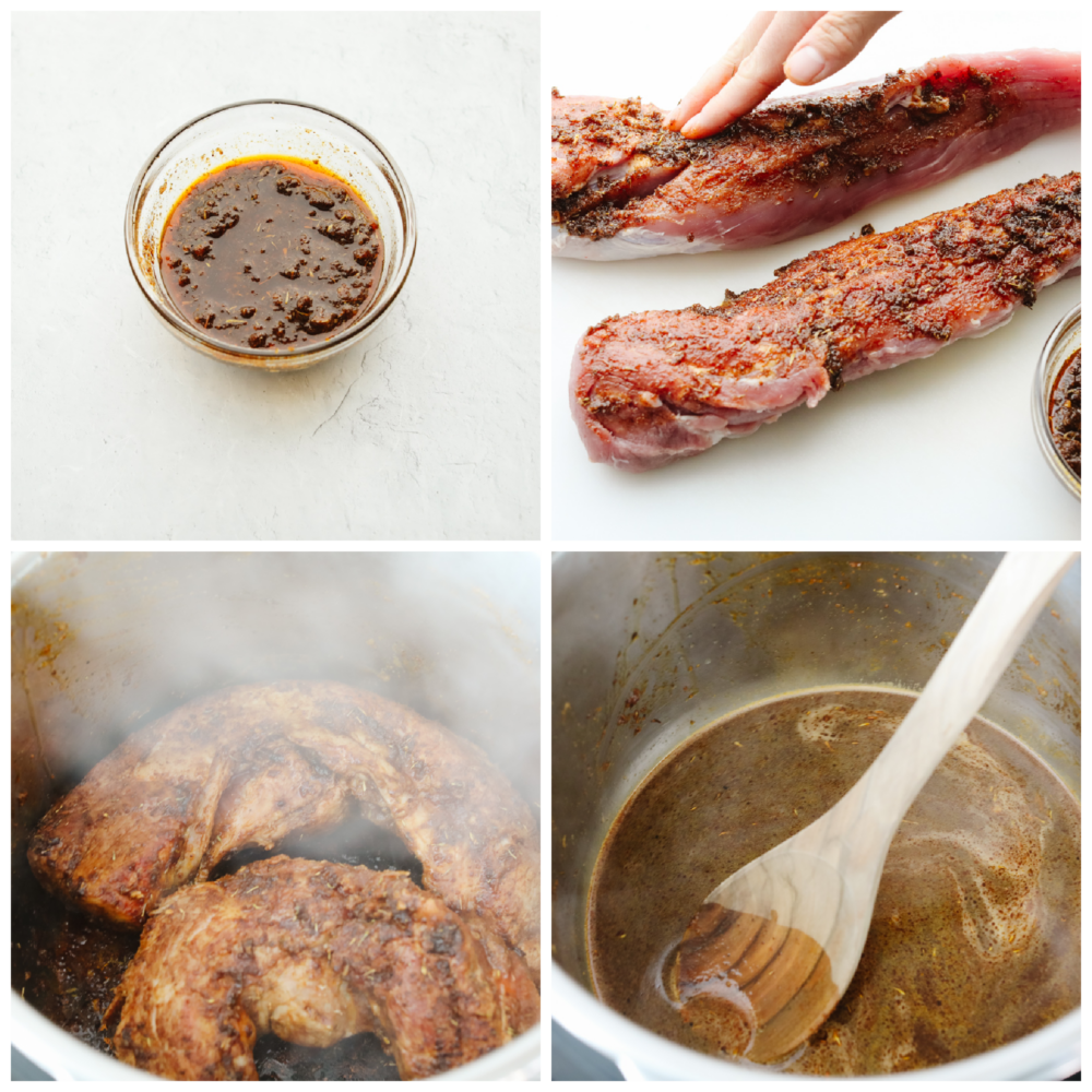 This juicy Instant Pot pork tenderloin is the perfect choice for dinner! It cooks up in 15 minutes and is full of so much flavor! Process shots of preparing rub and cooking pork tenderloin in an Instant Pot.