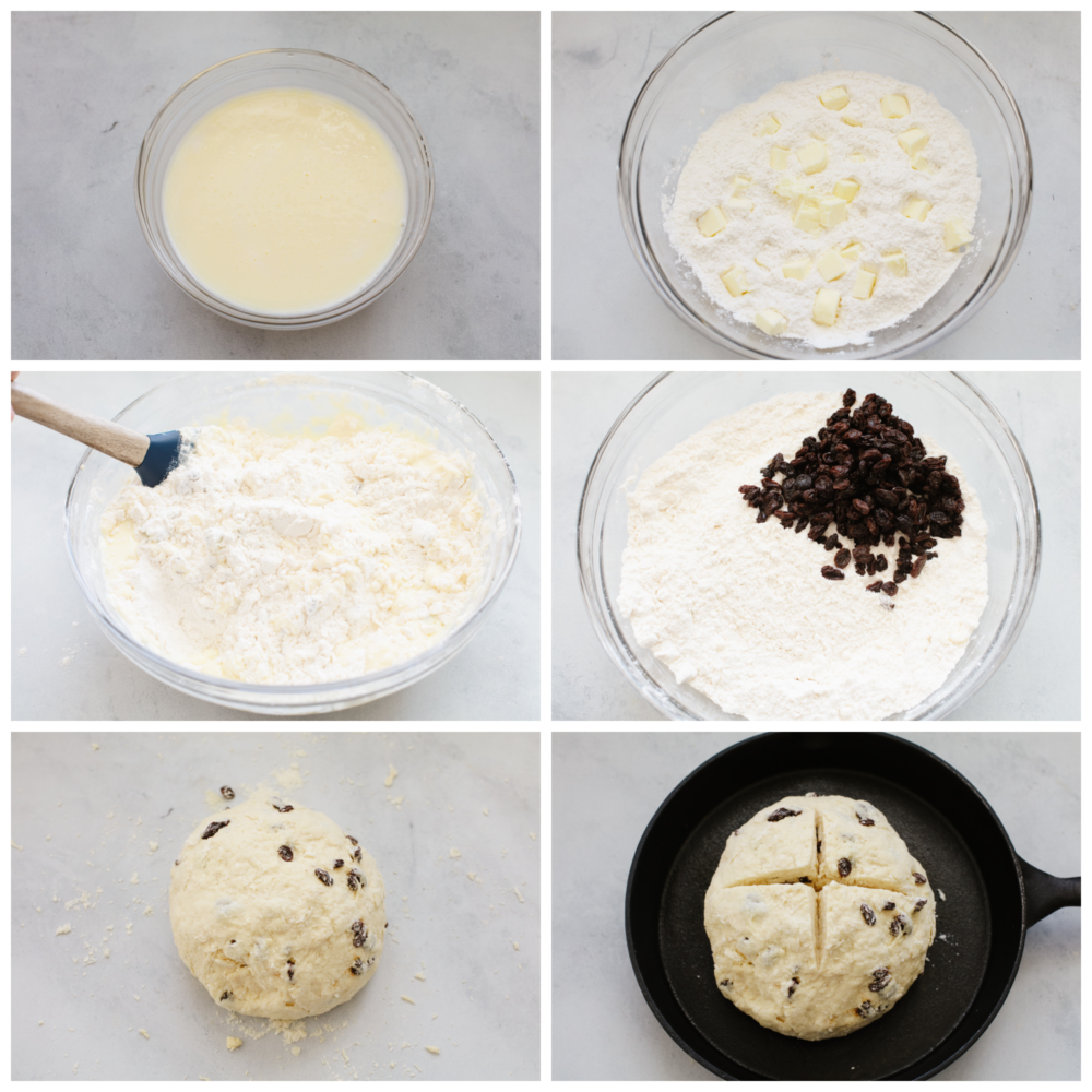 This traditional no yeast bread recipe is a crumbly dense bread with a slightly sweet taste. With only a few pantry and refrigerator staples required, this delicious traditionalย soda bread can be made easily and is one everyone will enjoy. 6 pictures showing how to mix ingredients together to make dough.