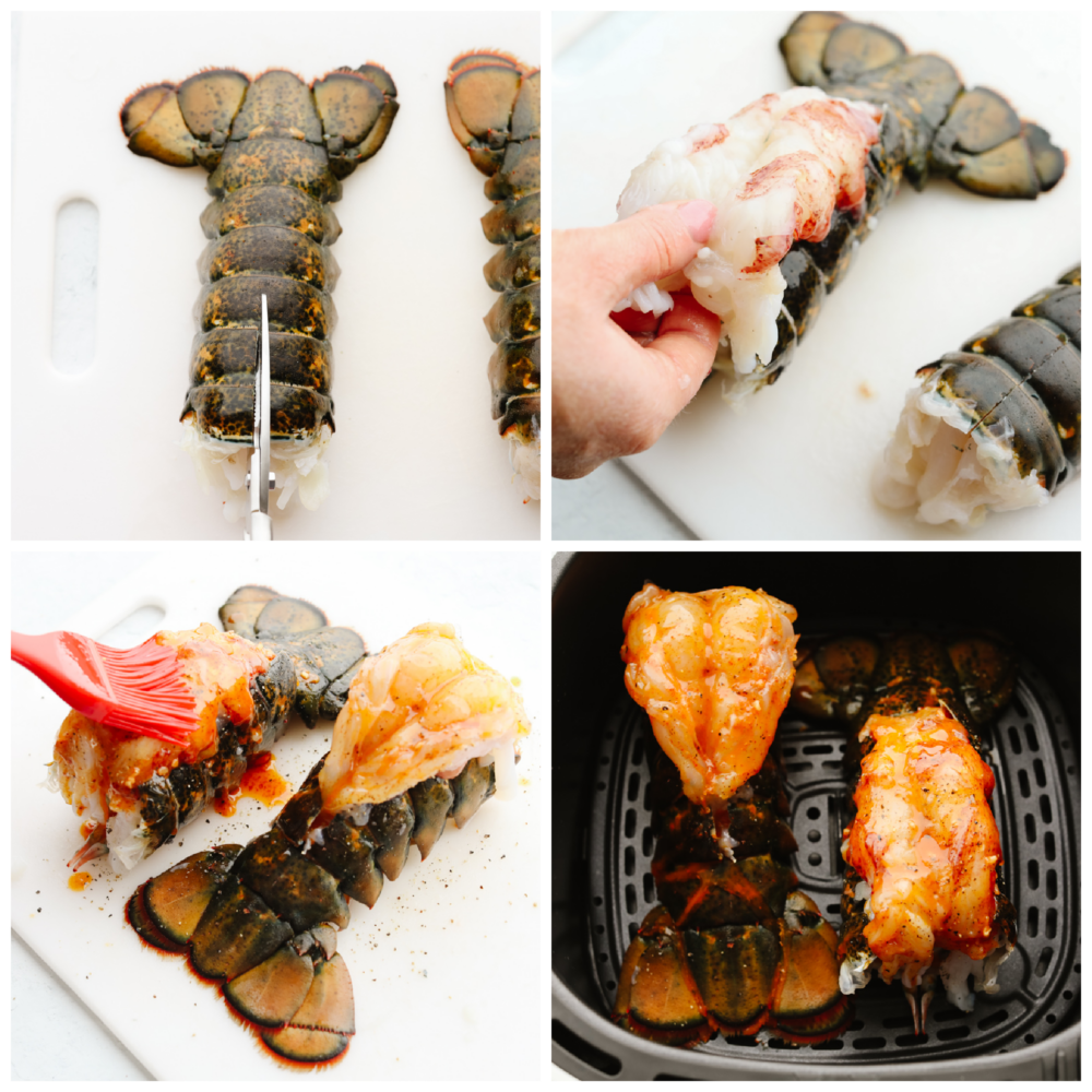 These lobster tails cooked in the air fryer are incredibly tender and delicious. Topped with a melted buttery garlic herb sauce, this is a quick and easy way to have that delectable fancy dinner without a lot of time and preparation! Lobster tails being cut and filet over top of the shell.