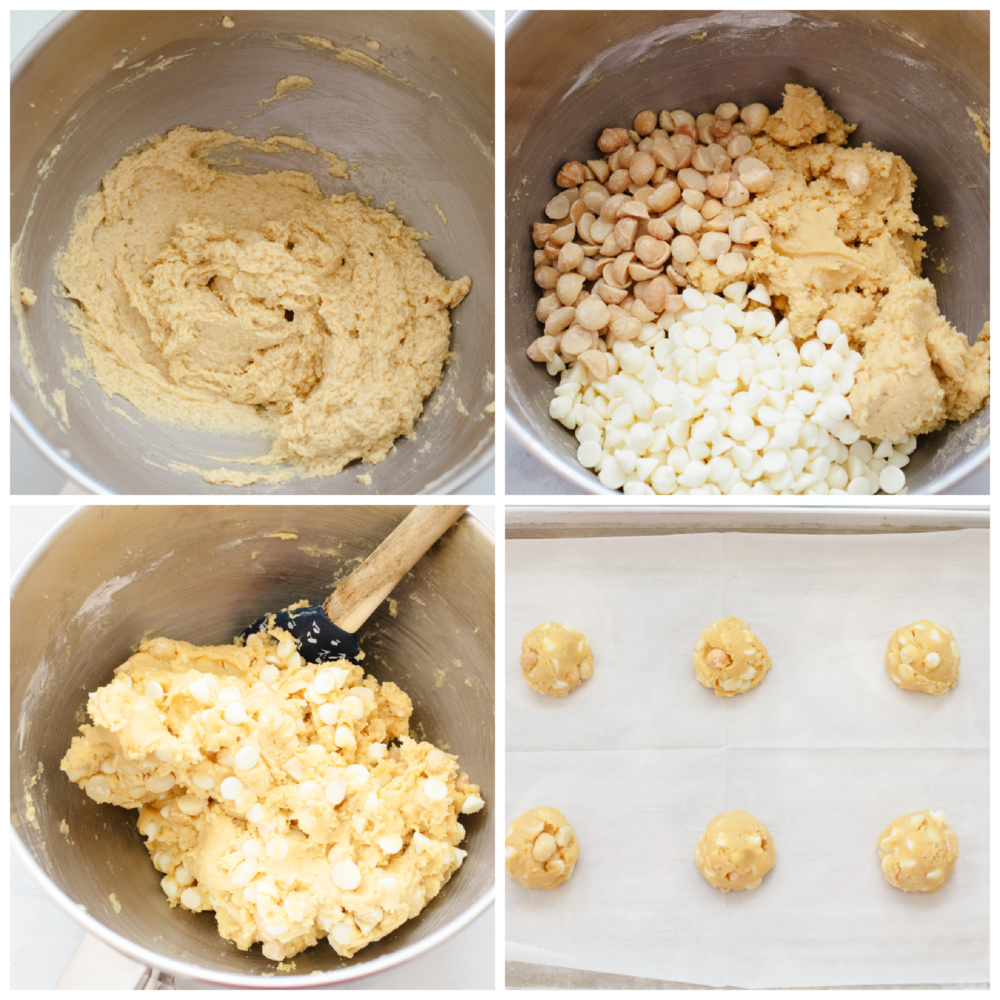 This classic white chocolate macadamia nut cookie is one that everyone loves! This recipe is simple and easy and whips up a huge batch of soft, thick, and chewy cookies that you can share with everyone! 4 pictures showing how to mix up the cookie dough.