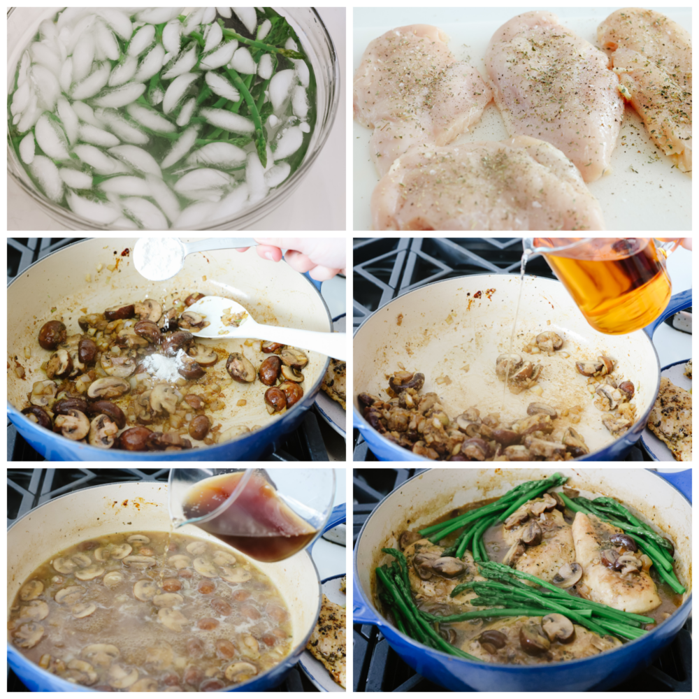 Juicy chicken is covered in creamy Madeira sauce, melty cheese, mushrooms, and asparagus in this easy skillet recipe! Chicken Madeira brings all of those delicious Cheesecake Factory flavors right to your kitchen! Process shots of preparing asparagus, seasoning chicken, and sautéing vegetables.