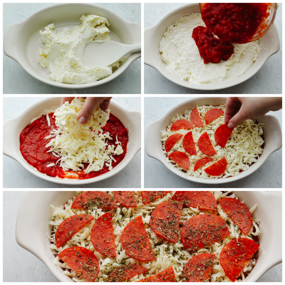 Pepperoni pizza dip is ooey-gooey cheese mixed with flavorful pizza seasonings and topped with delicious pepperoni. It is baked until it's hot and bubbly, and it will be the perfect appetizer at any party! 5 pictures showing how to spread the cream cheese, add the sauce, sprinkle on cheese, add pepperoni and then sprinkle on seasonings before you put the dip in the oven.