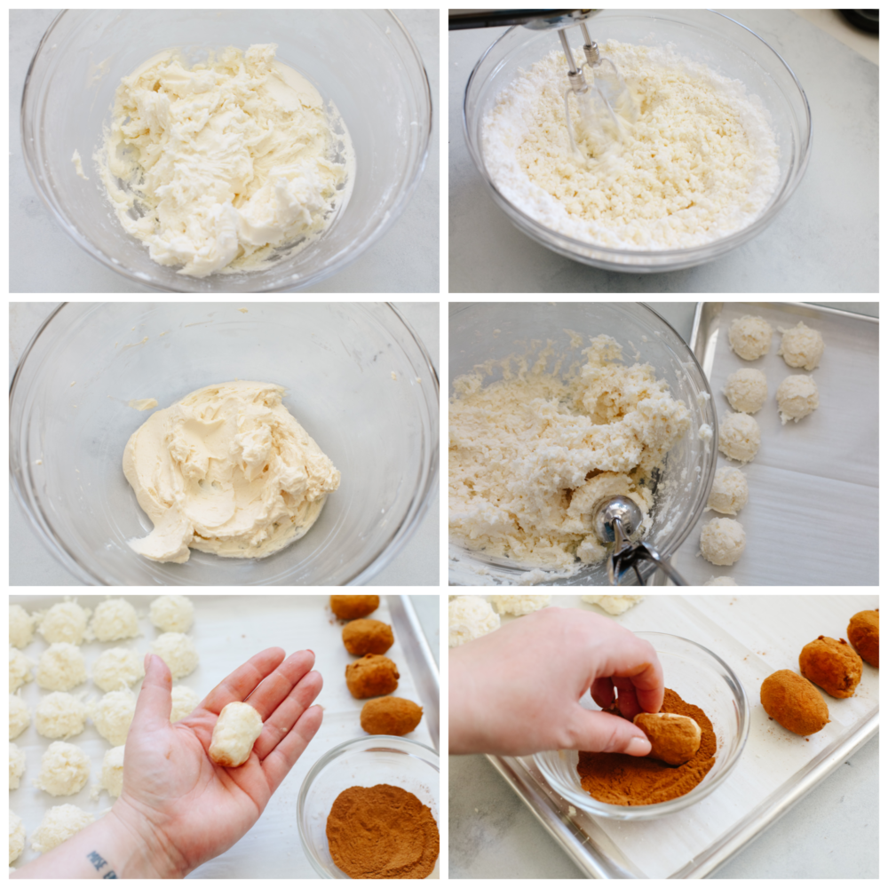 Irish potato candy is a no-bake treat filled with cream cheese and coconut flakes and then topped with cinnamon. These aren't your regular potatoes, they are candy, and I am here for it! 6 pictures showing how to make the filling, form it into balls and coat them with cinnamon.