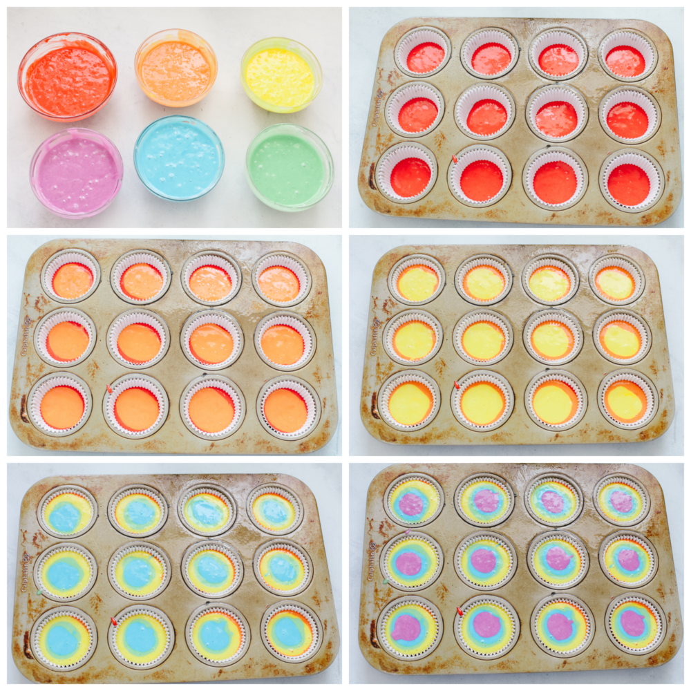 No need for a pot of gold when you’ve got these cupcakes around! These colorful rainbow cupcakes are perfectly moist, topped with the most amazing buttercream. They’ll light up any party! Process shots of layering cupcakes with different colored batter.