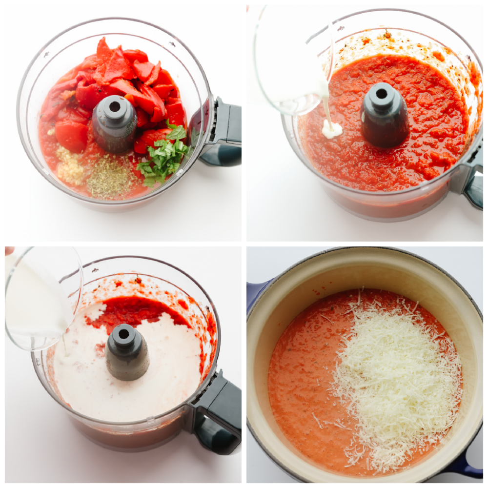 Level up pasta night with this irresistible roasted red pepper sauce! It's creamy, cheesy, and delicious with smoky, sweet spice. Be sure to make enough for seconds, your family won't be able to get enough! Process shots of using food processor to blend ingredients, and then heating sauce over the stove.