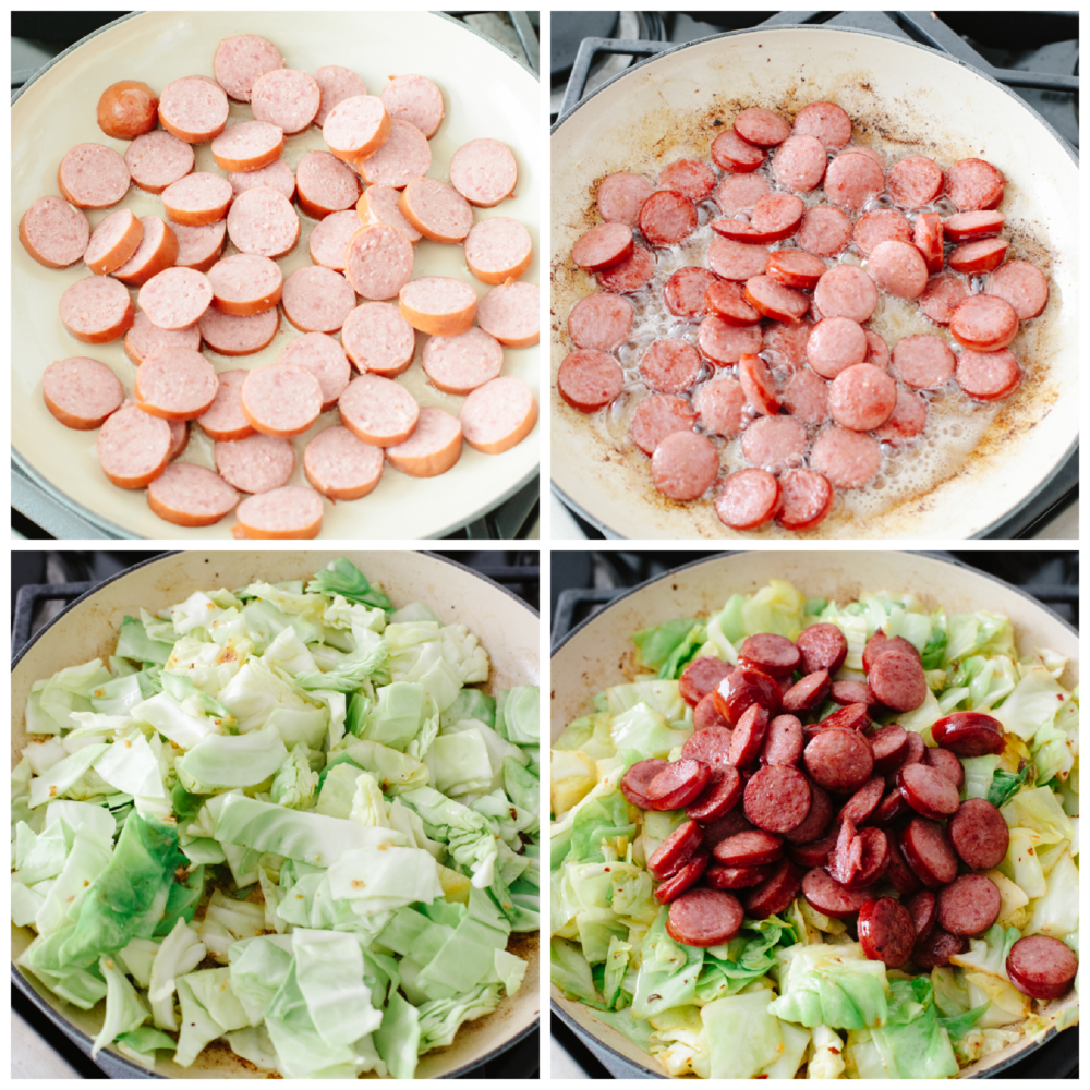 Sausage and cabbage is the easiest skillet recipe to throw together! In minutes, you'll have a tasty meal loaded with amazing meaty flavor and texture! Process shots of browning sausage and cooking together with cabbage.