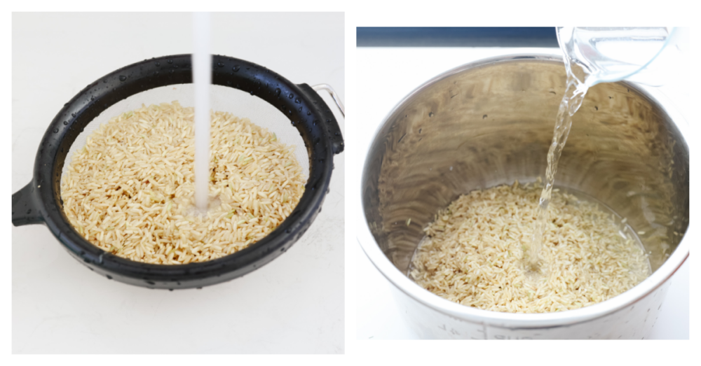 Brown rice can be tricky to get right. Make it in your Instant Pot and you'll have fresh, fluffy rice ready in 20 minutes! Process photos of rinsing rice and adding to Instant Pot.