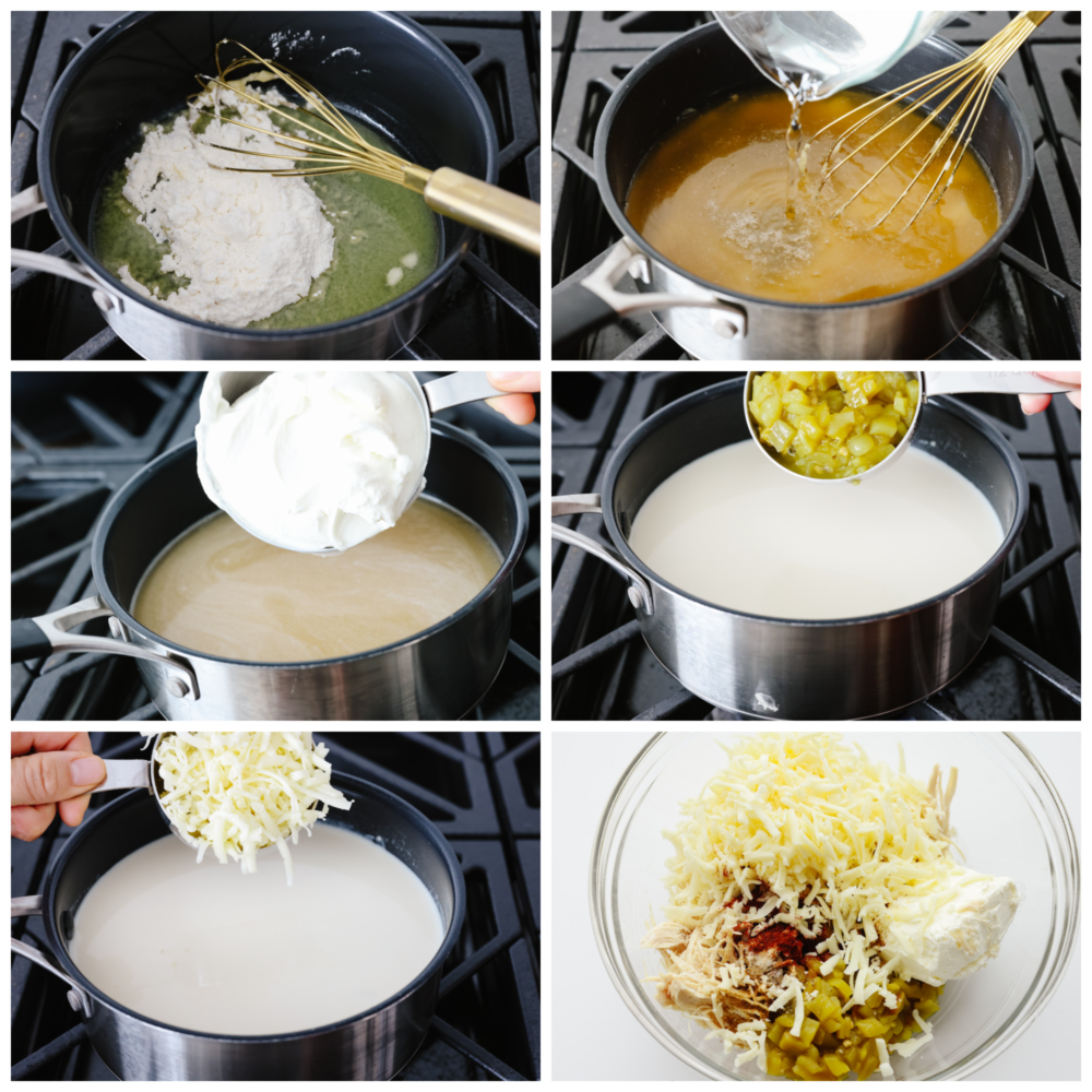 Creamy and filling, these white chicken enchiladas are perfect for any family dinner! They are ready in 30 minutes, so they are perfect for any of those busy, on-the-go nights! 6 pictures showing how to mix the ingredients to the enchiladas sauce in a saucepan on the stovetop.