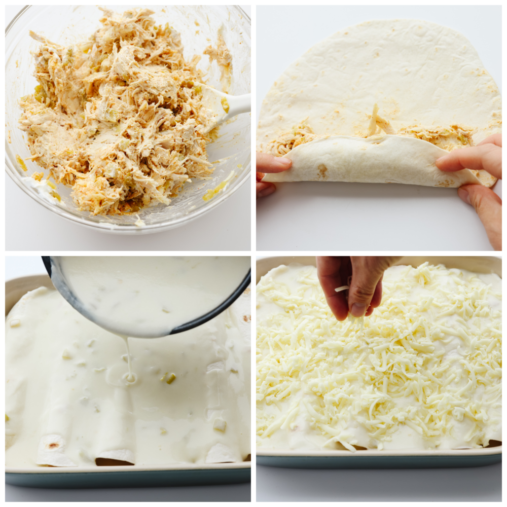 Creamy and filling, these white chicken enchiladas are perfect for any family dinner! They are ready in 30 minutes, so they are perfect for any of those busy, on-the-go nights! 4 pictures showing how to make enchilada filling add it to a tortilla and pour the sauce on top.