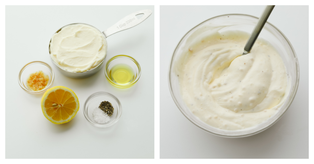This garlic aioli sauce is dreamy! The hint of lemon flavor combined with garlic has my mouth watering. It's packed with enough flavor to make anything that you dip into it that much more delicious. 2 pictures showing all of the ingredients in seperate bowls and then combined together in one bigger bowl.