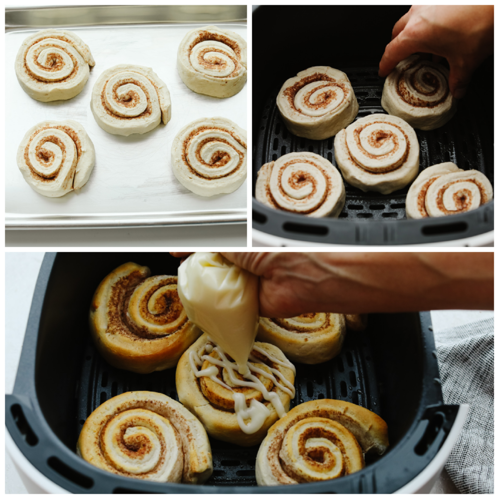 There is no easier way to cook cinnamon rolls out there! These air fryer cinnamon rolls from a can are so easy and delicious. They take less than 15 minutes to bake! 3 pictures showing how to set cinnamon rolls in an air fryers and then frost them when they are cooked.