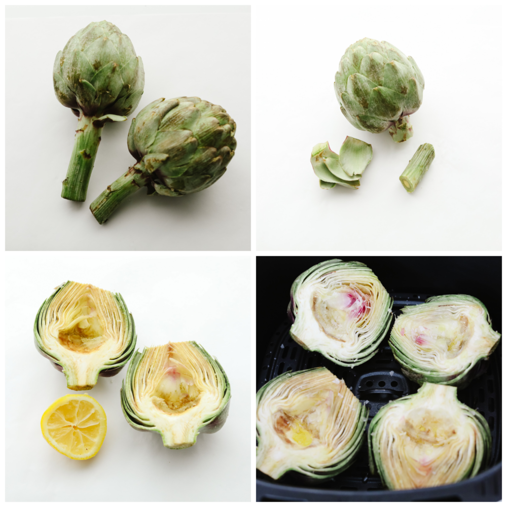 If you are looking for a simple and delicious way to cook up your artichokes that is quick and easy, then these air fryer artichokes are just for you! Cooked to perfection, these will be your new favorite vegetable! 4 pictures showing how to cut up an artichoke and place it in the air fryer.
