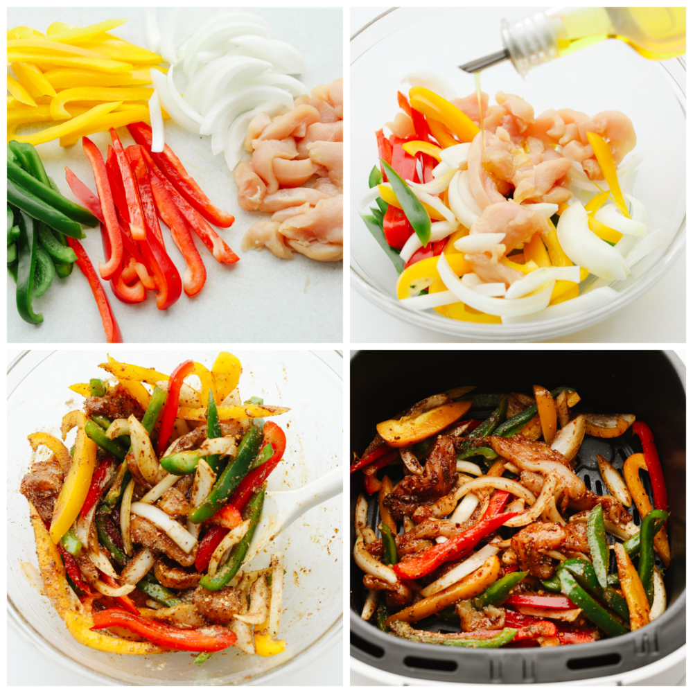 These air fryer fajitas are packed to the brim with flavor but only take a few minutes to make! They are perfect for those on-the-go, busy nights, and everyone will go crazy over them! 4 pictures showing how to cut the veggies and chicken, coat it and toss it with seasoning and cookk it in the air fryer basket.