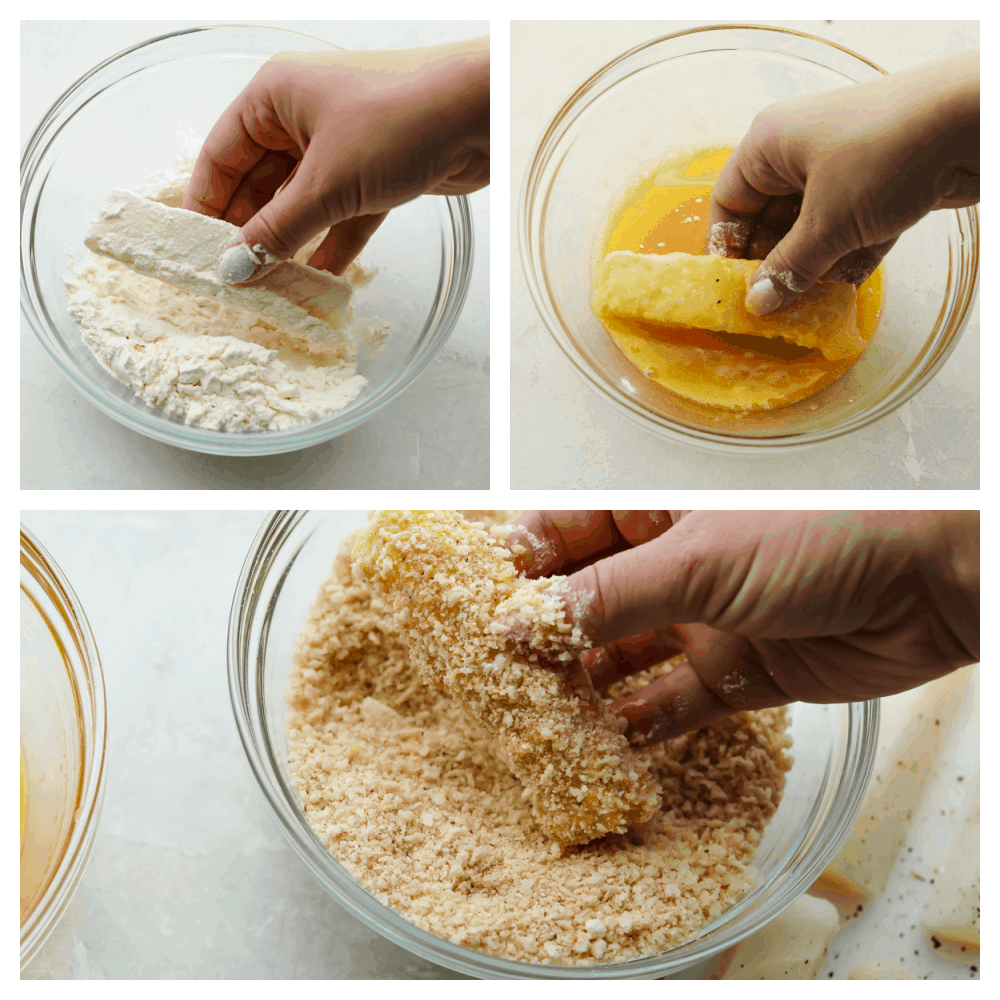 Oven-baked fish sticks are crispy, tender, and SO good! Coated with breadcrumbs and delicious seasoning, these fish sticks are packed with flavor and a recipe that the whole family will enjoy! 3 pictures showing how to coat slices of cod in an egg mixture and panko breadsrumbs.