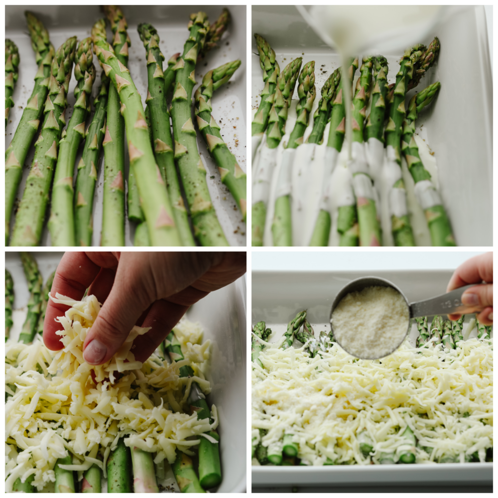 This cheesy baked asparagus will be the best side dish that you have ever had! Packed to the brim with flavor and melted cheese, this asparagus makes my mouth water just thinking of it! 4 pictures showing how to add cream and cheese to asparagus in a baking dish.