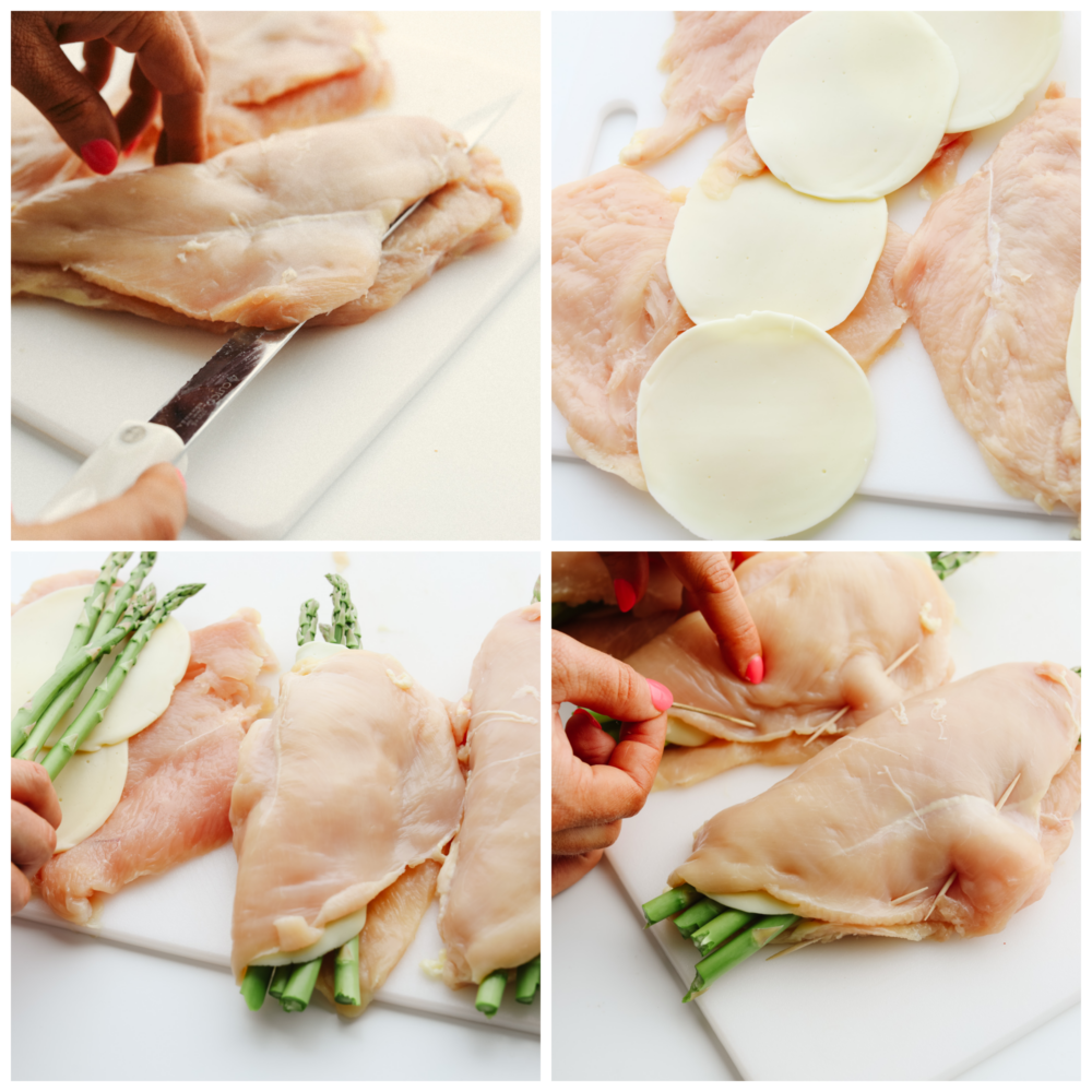 This asparagus stuffed chicken is incredibly juicy and tender. Flavored with the most delicious spices and stuffed with the incredibly healthy vegetable, asparagus, you will want to lick your plate clean! 4 pictures showing how to slice and stuff a chicken breast with cheese and asparagus.
