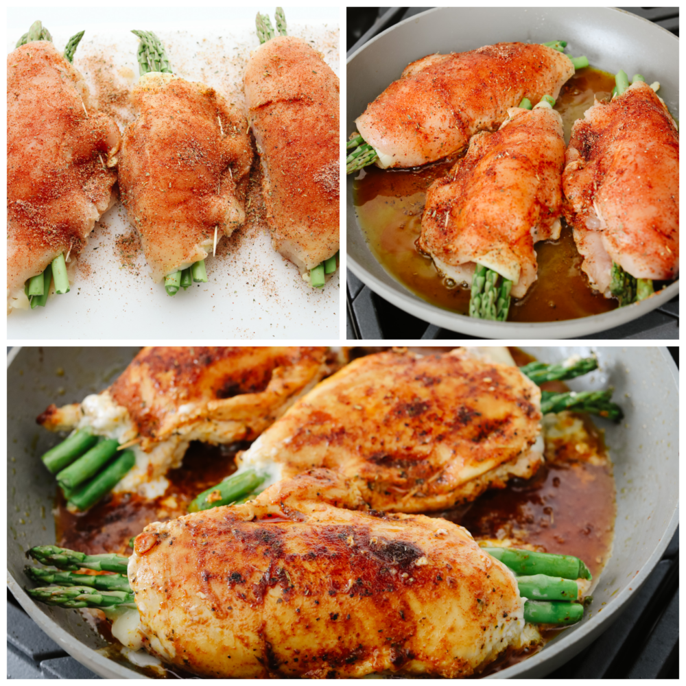 This asparagus stuffed chicken is incredibly juicy and tender. Flavored with the most delicious spices and stuffed with the incredibly healthy vegetable, asparagus, you will want to lick your plate clean! 3 pictures showing 3 chicken breasts in a pan getting seared.