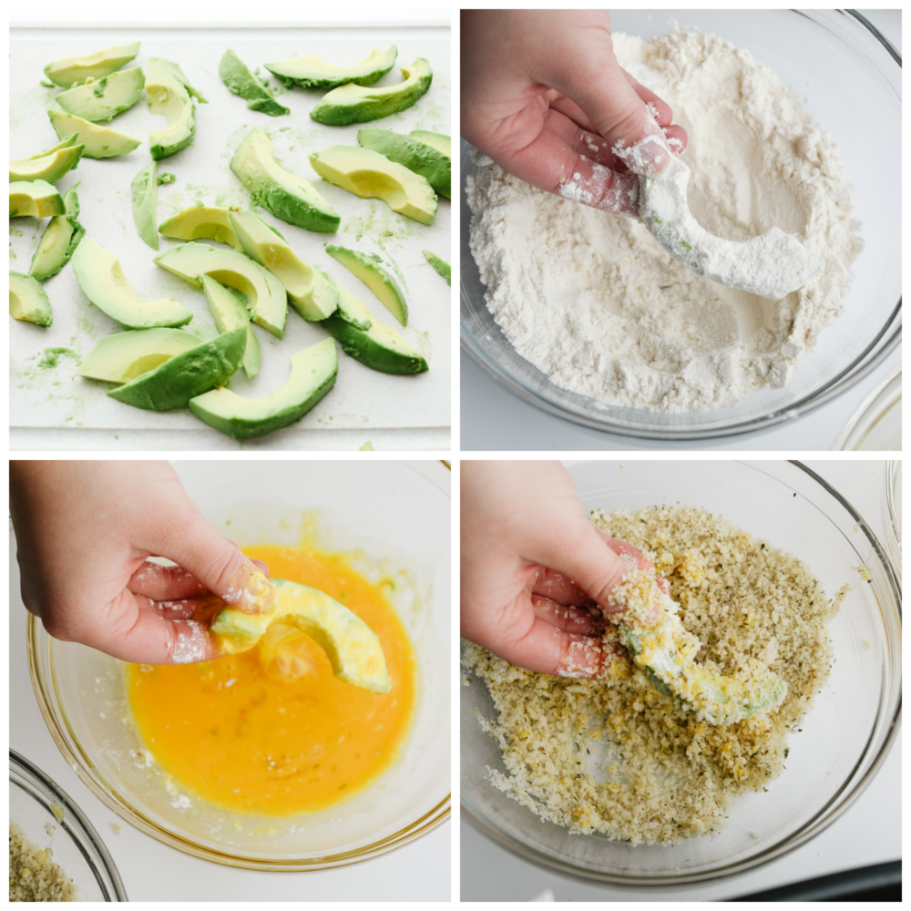 Crispy and creamy, air fryer avocado fries are a quick and easy snack that the whole family will love! They're so delicious and perfect for dipping! Process shots of breading avocado slices.