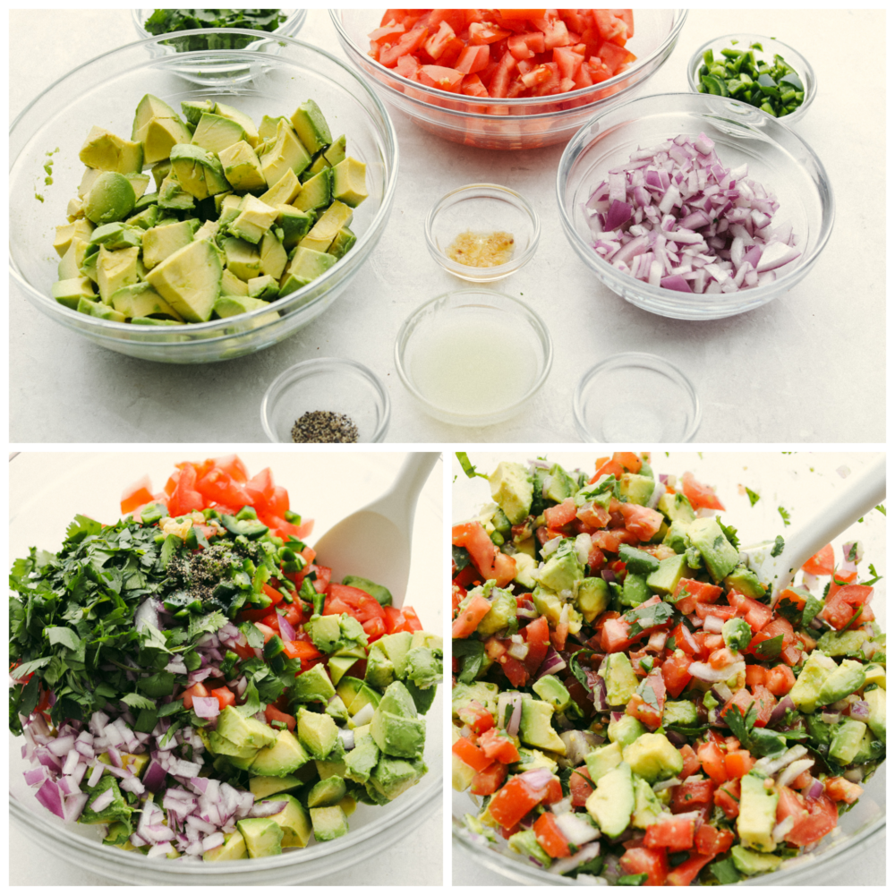 Fresh, flavorful, and insanely delicious, this avocado salsa is the best salsa EVER! Filled with only the best of ingredients, this salsa will be one that you will make over and over! 3 pictures of all of the ingredients, seperate and then being mixed together in a clear, glass bowl.