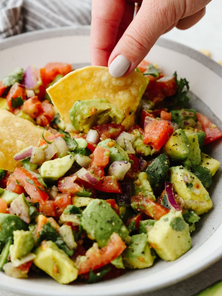 Fresh, flavorful, and insanely delicious, this avocado salsa is the best salsa EVER! Filled with only the best of ingredients, this salsa will be one that you will make over and over! A tortilla chip being dipped into avocado salsa.