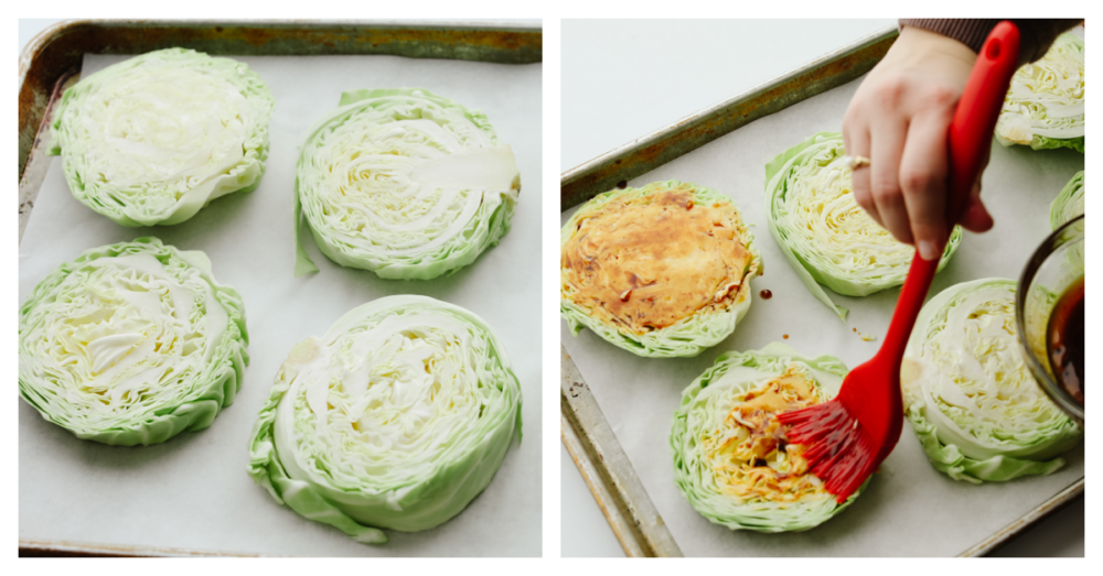 These tender cabbage steaks are so juicy and flavorful! Each bite is seasoned to perfection with soy sauce, chili powder, paprika, red pepper flakes, and a splash of lemon! Adding glaze to slices of cabbage.
