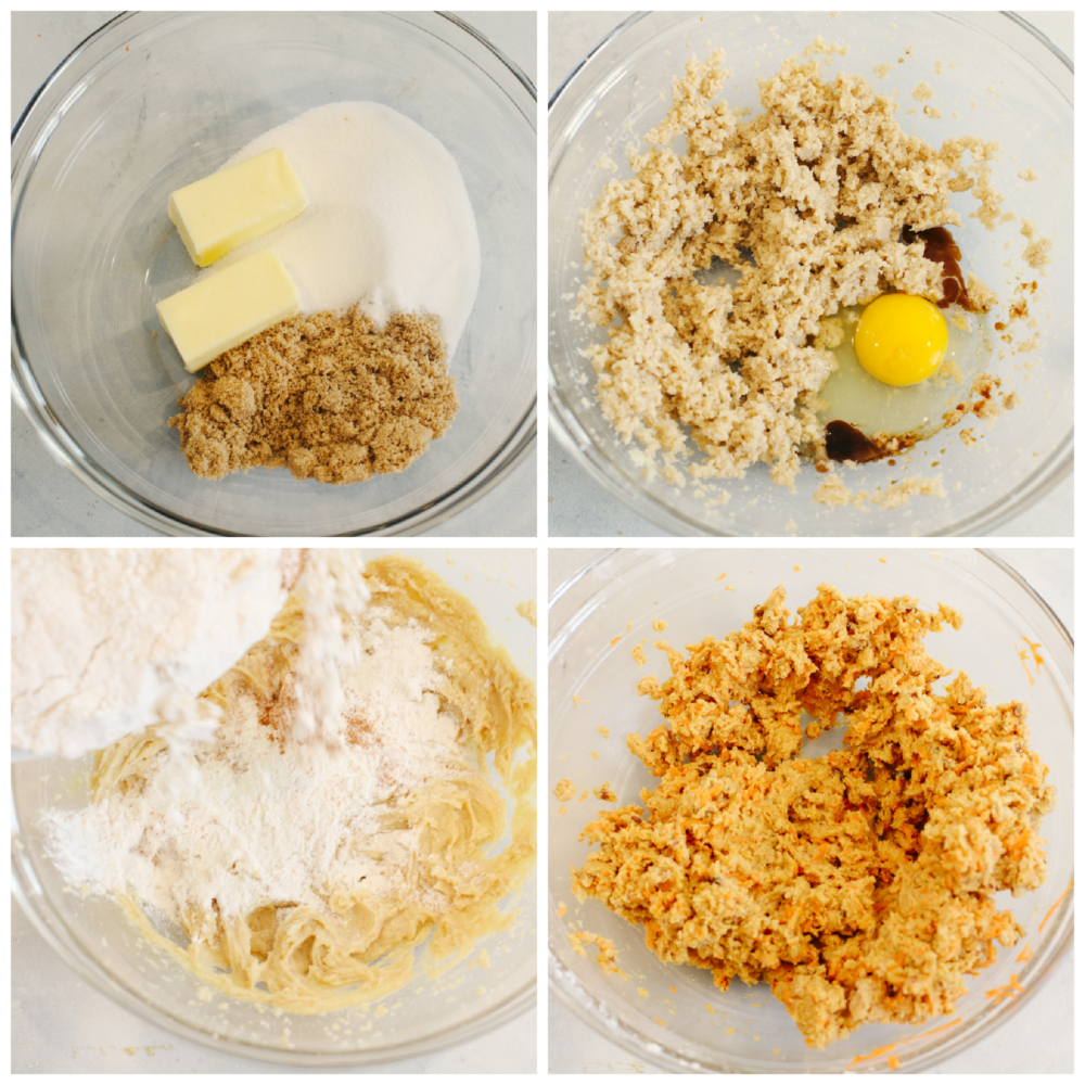 Carrot cake cookies are chewy and sweet with the best hint of warm spice! Drizzled with tangy cream cheese icing, you won't be able to get enough of this sweet treat! Process shots of preparing cookie batter.