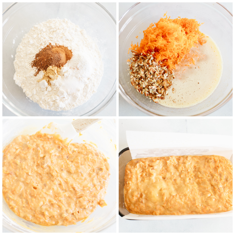 This carrot cake bread is to die for! It's moist and soft and has the most incredible flavor that tastes like cake, but it is half the work involved! This is perfect for Easter and springtime! 4 pictures showing how to make carrot cake bread batter.