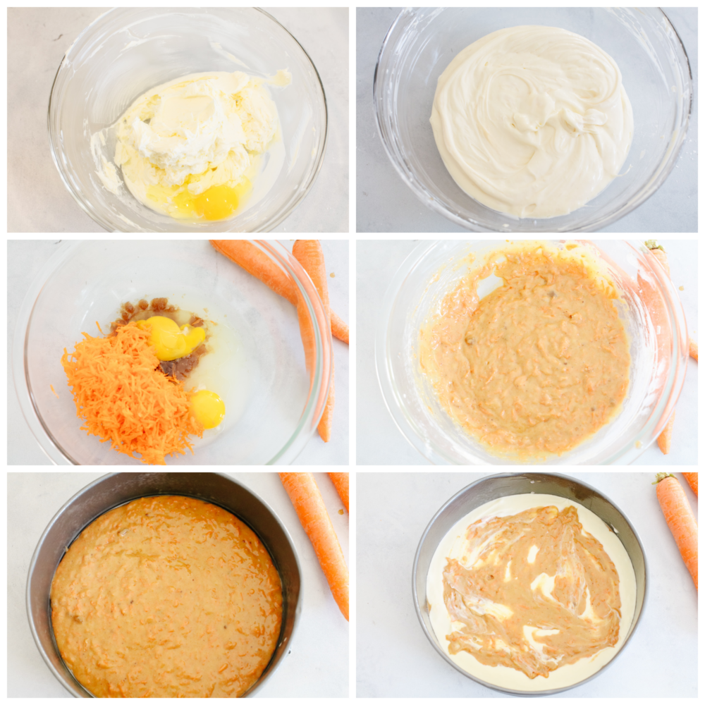 Nutty, sweet, and decadent, each bite of carrot cake cheesecake is a dream! This dessert is so good you wonโt want to stop at one piece! Process shots of preparing batter and layering.