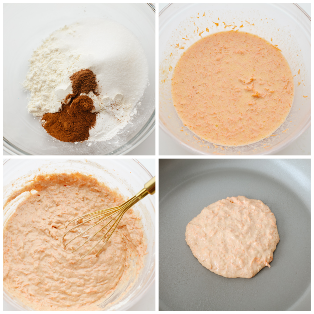 These carrot cake pancakes are fluffy, moist, and drizzled with a delicious cream cheese glaze that makes my mouth water! They will get gobbled up and fly off your table! 4 pictures showing how to mix the pancake batter and for a pancake on a saucepan.