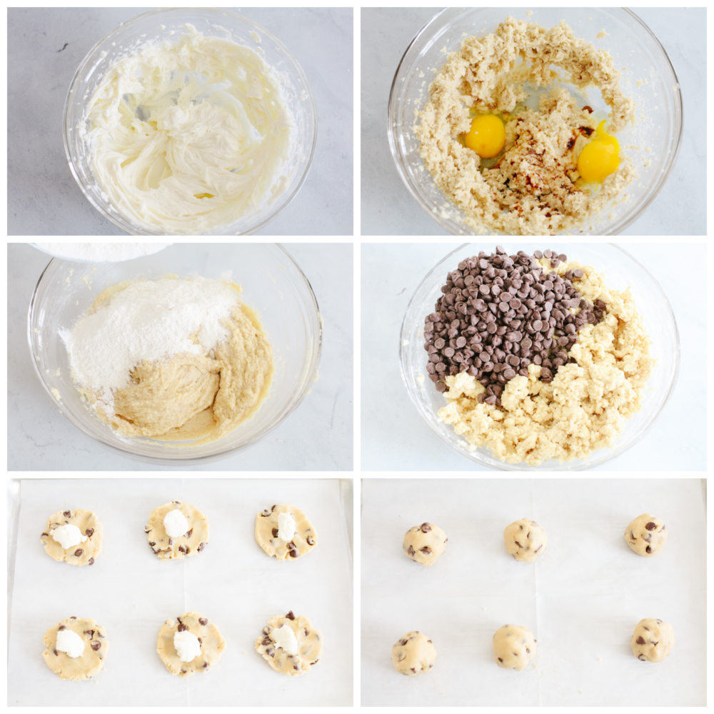 These are everything you love about chocolate chip cookies filled with creamy cheesecake! They're soft, fluffy, and the best twist on a classic cookie. Process shots of preparing cookie dough and shaping cookies.