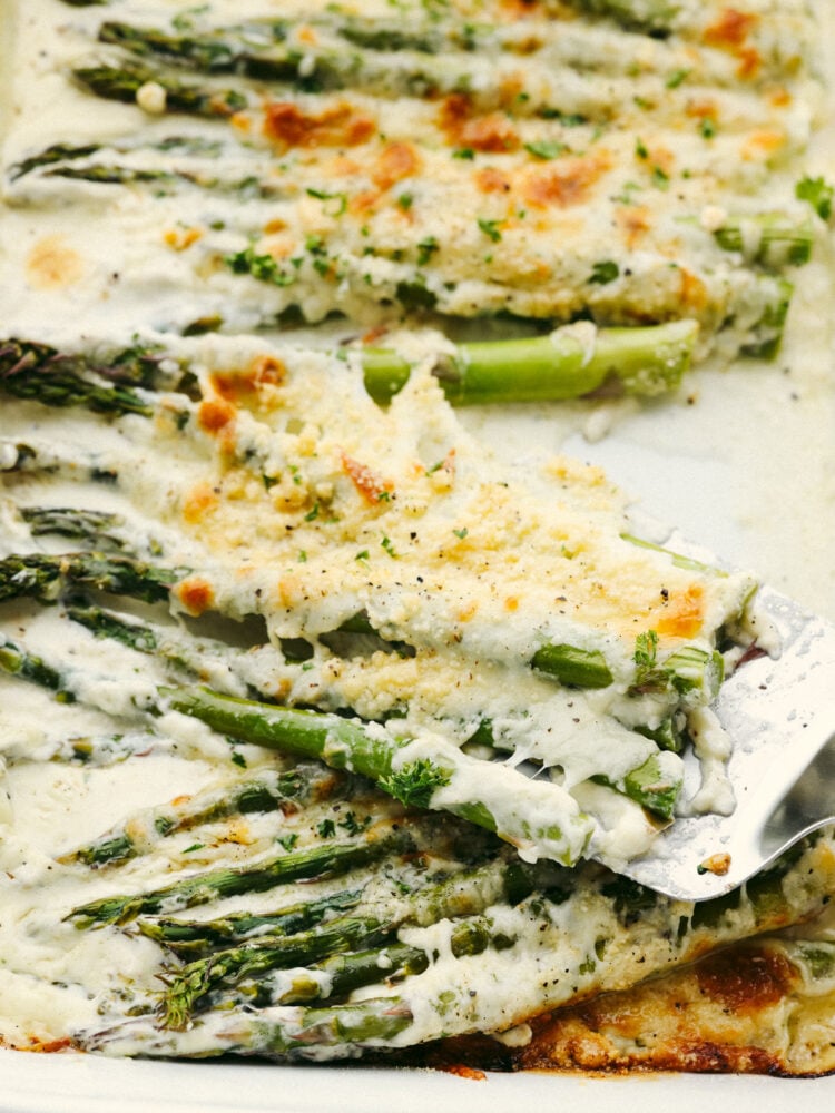 This cheesy baked asparagus will be the best side dish that you have ever had! Packed to the brim with flavor and melted cheese, this asparagus makes my mouth water just thinking of it! Baked asparagus being served with a spatula.