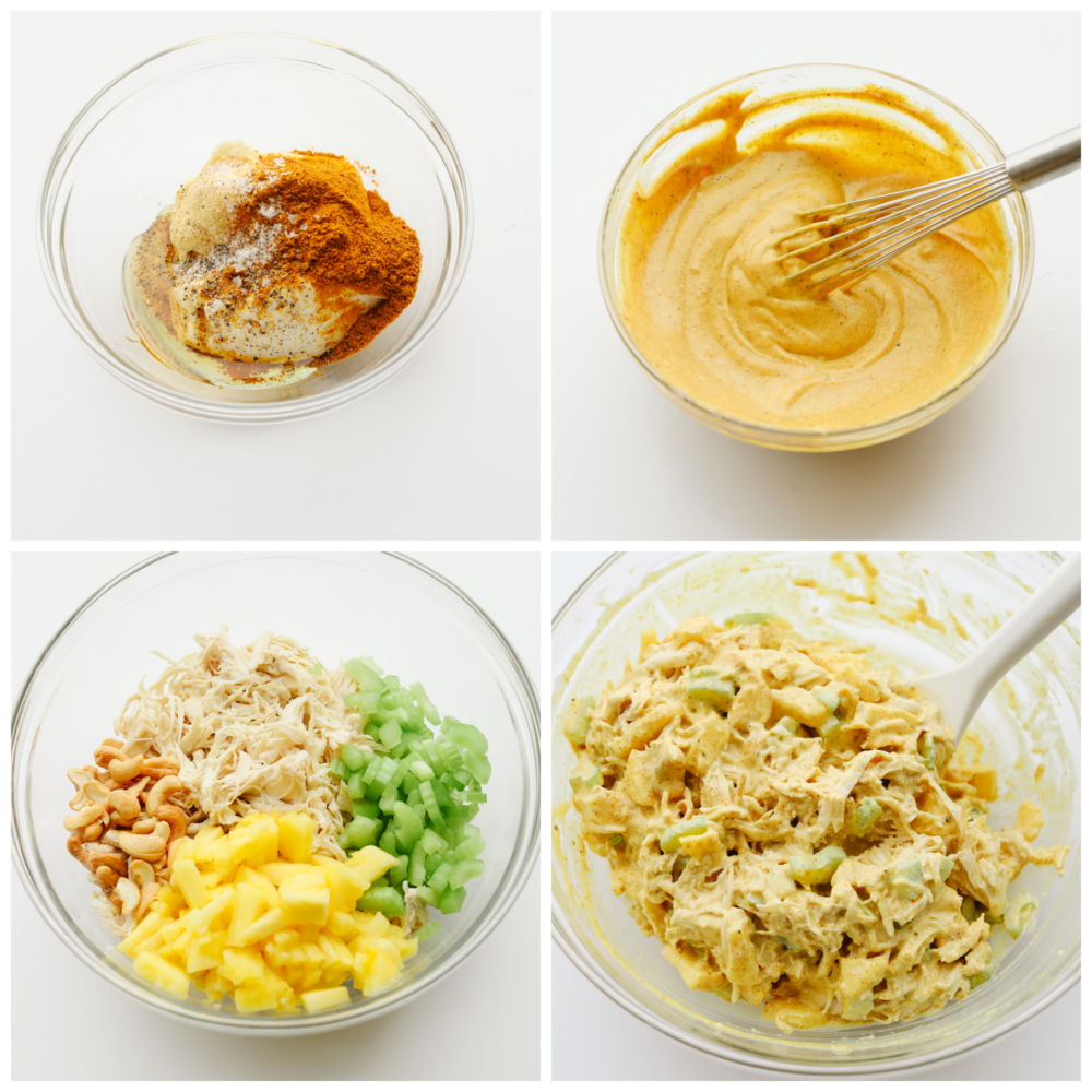 The flavor in this curry chicken salad is absolutely incredible! Infused with delicious spices and flavors, this twist on your classic chicken salad recipe is going to blow you away! 4 pictures showing how to mix all of the ingredients in a clear, glass bowl.