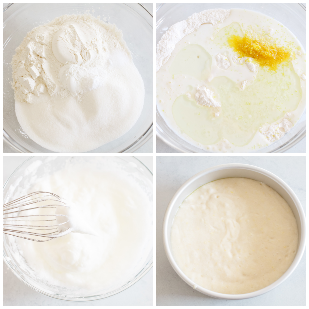 This Easter cake is absolutely divine! A perfectly moist cake with a lemon curd filling and a delicious buttercream frosting will be sure to get a "WOW!" From all of your guests this Easter season! 4 pictures showing steps on how to mix up cake batter.