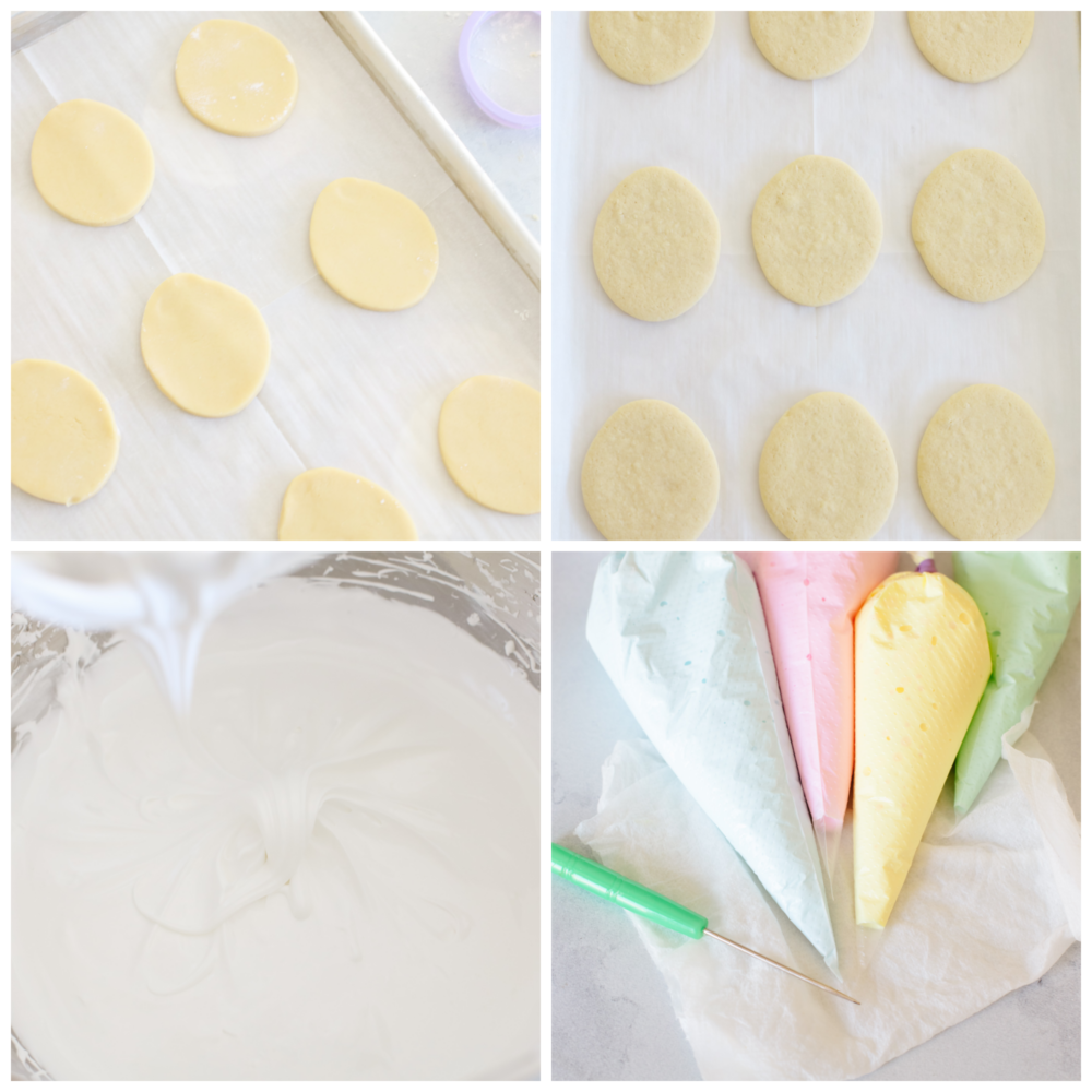 These fun and festive Easter egg cookies are the best dessert for Spring! The cookie base is sweet, soft, and buttery, topped with beautiful pastel royal icing as a colorful finishing touch! Process shots of shaping cookies and preparing icing.
