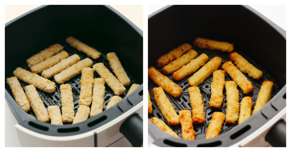 You're going to love how easy it is to make frozen fish sticks in the air fryer! They're golden, delicious, and ready for your favorite dips. Before and after shots of frozen fish sticks being cooked.