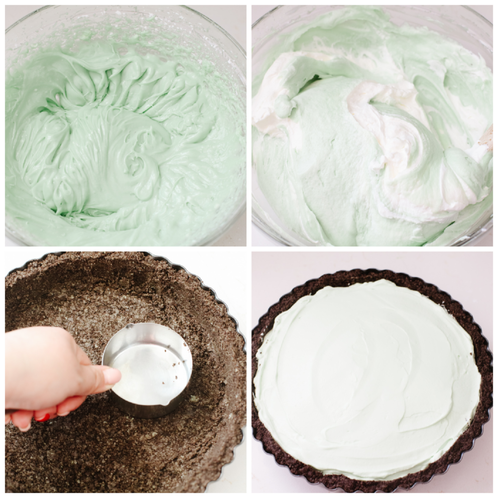 This chilled, minty pie grasshopper pie has a creamy filling sitting on an Oreo cookie crust. The taste and smooth texture are perfect and will have just about anyone coming back for seconds! 4 pictures showing how to make the filling and crust of a grasshopper pie.